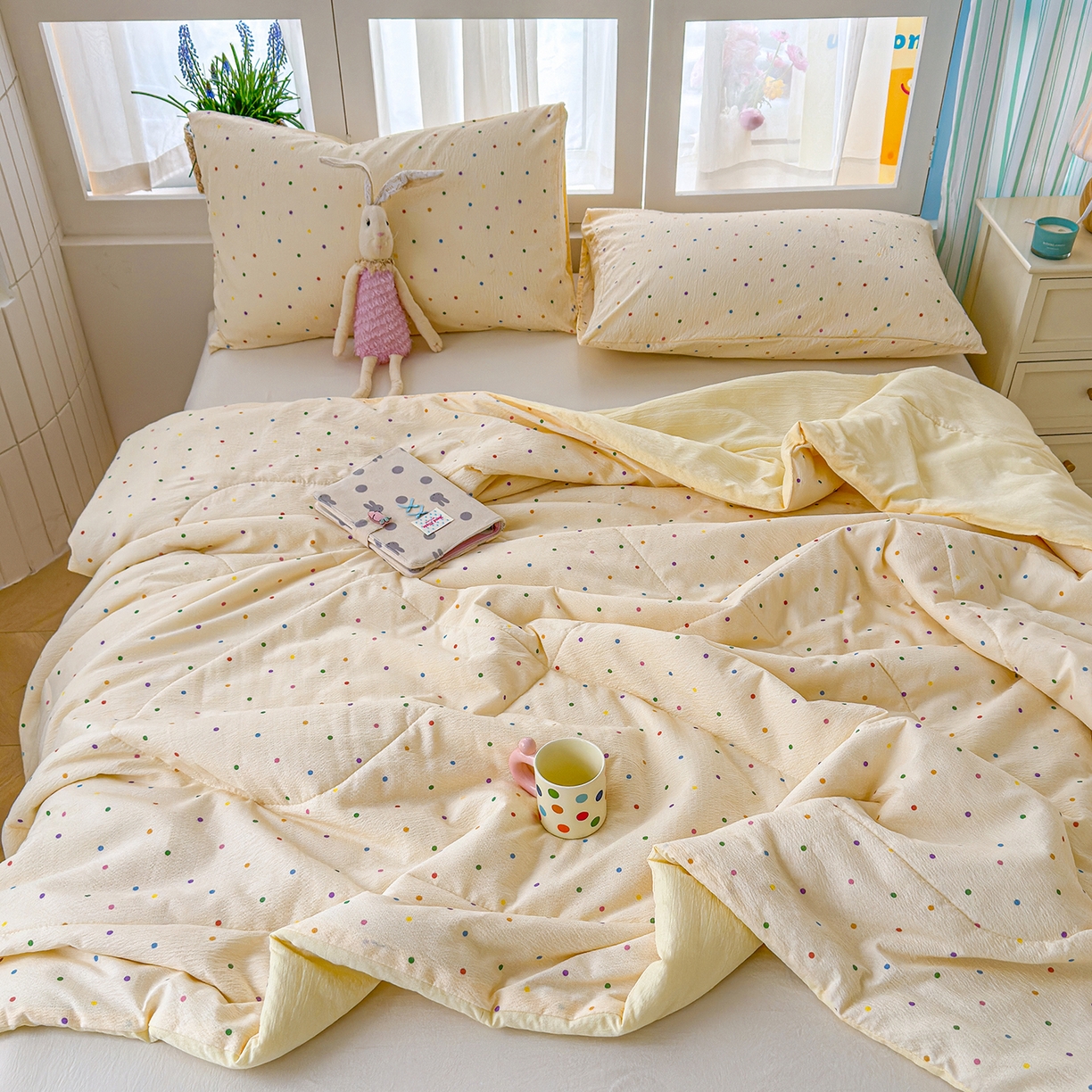 91家纺网 家纺一手货源 找家纺 弗苓家纺 2026新款A类云感有氧双层纱夏被夏凉被 彩波点