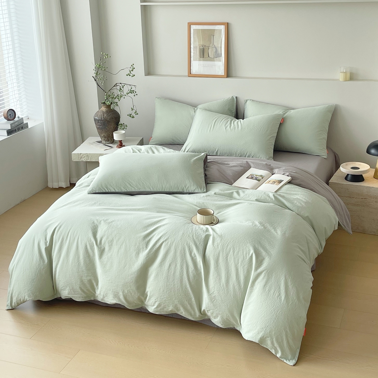 91家纺网 家纺一手货源 找家纺 春皖家纺 2026春夏新款双拼全棉纯棉水洗棉四件套 薄荷绿-浅灰