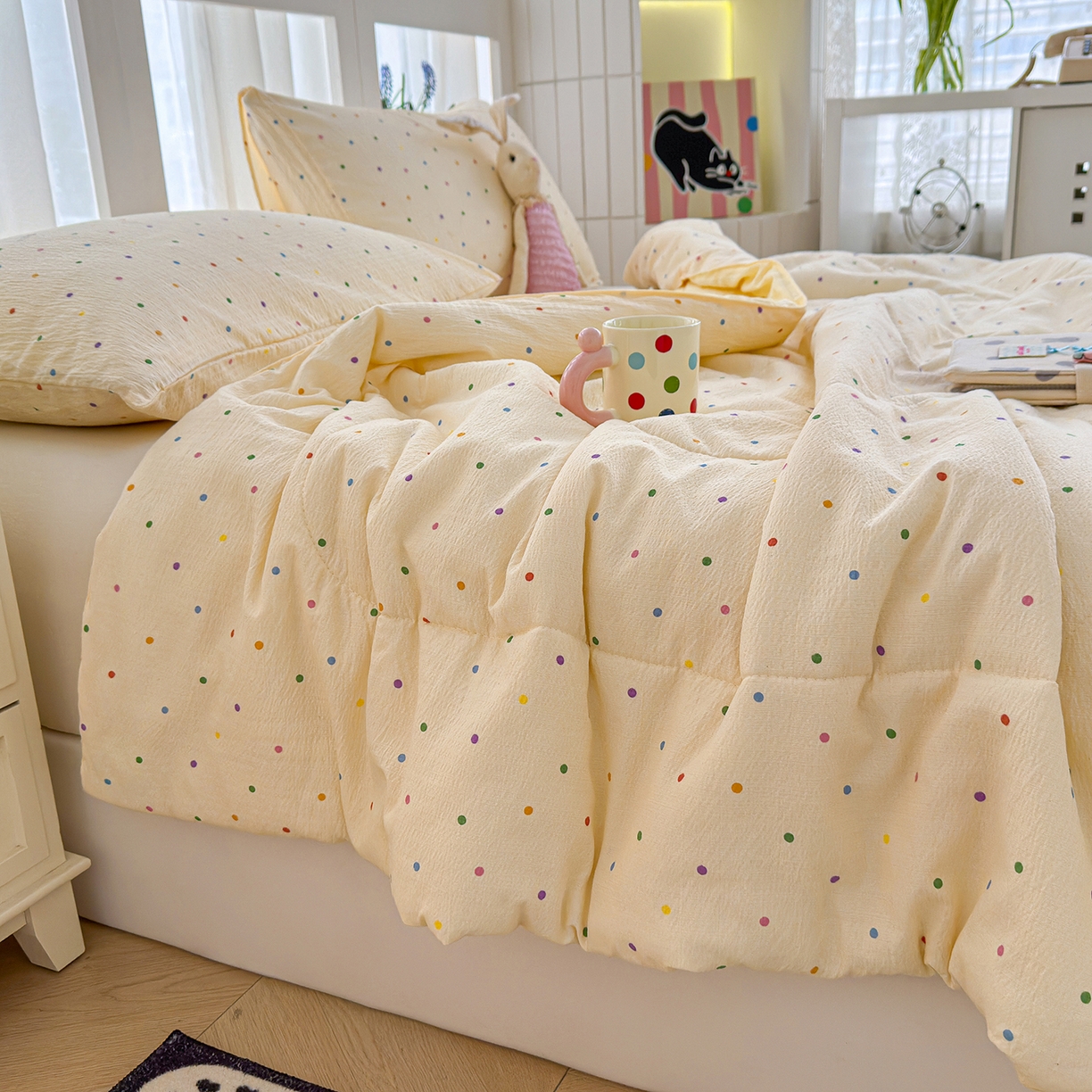 91家纺网 家纺一手货源 找家纺 弗苓家纺 2026新款A类云感有氧双层纱夏被夏凉被 彩波点