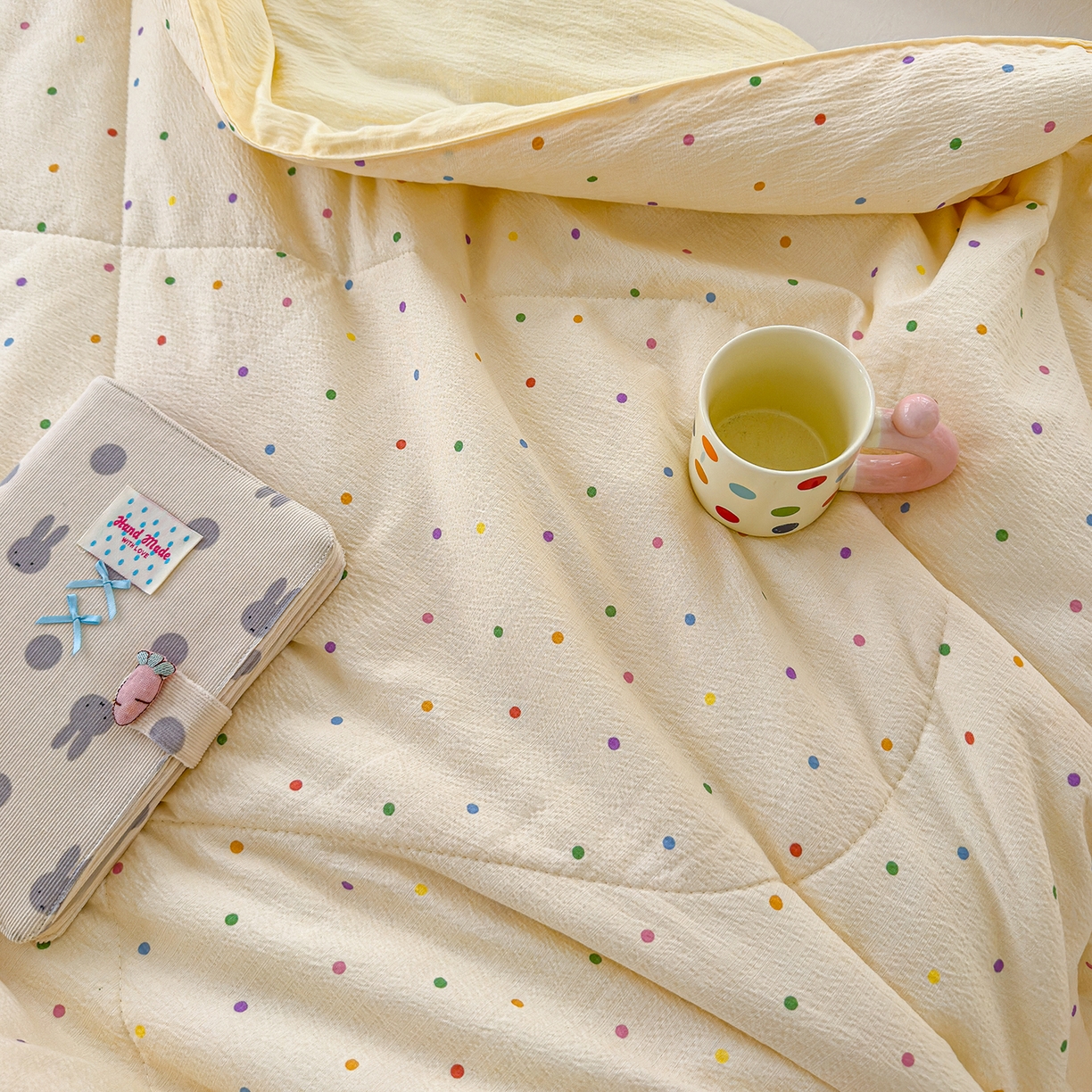 91家纺网 家纺一手货源 找家纺 弗苓家纺 2026新款A类云感有氧双层纱夏被夏凉被 彩波点