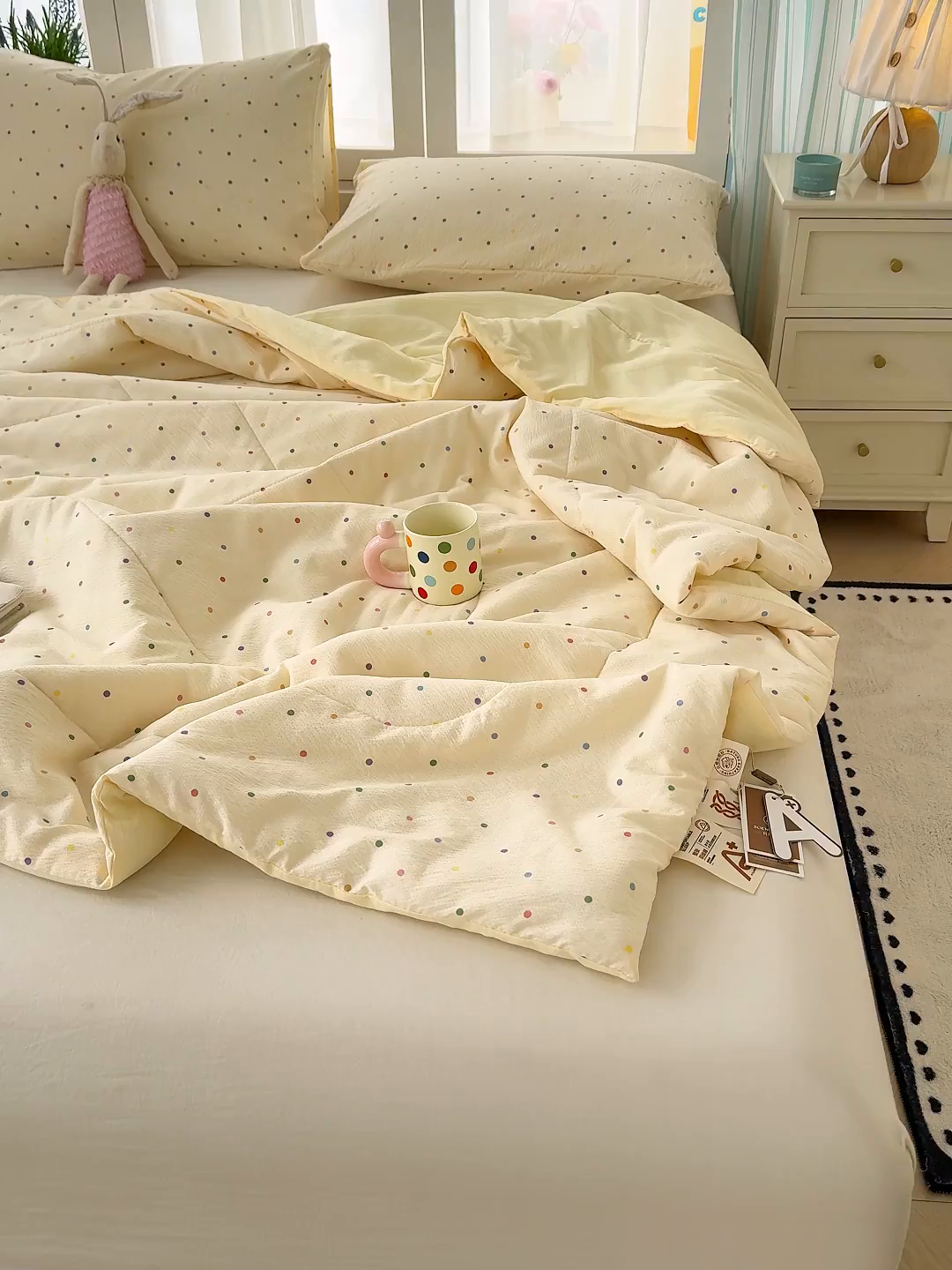 91家纺网 家纺一手货源 找家纺 弗苓家纺 2026新款A类云感有氧双层纱夏被夏凉被 彩波点