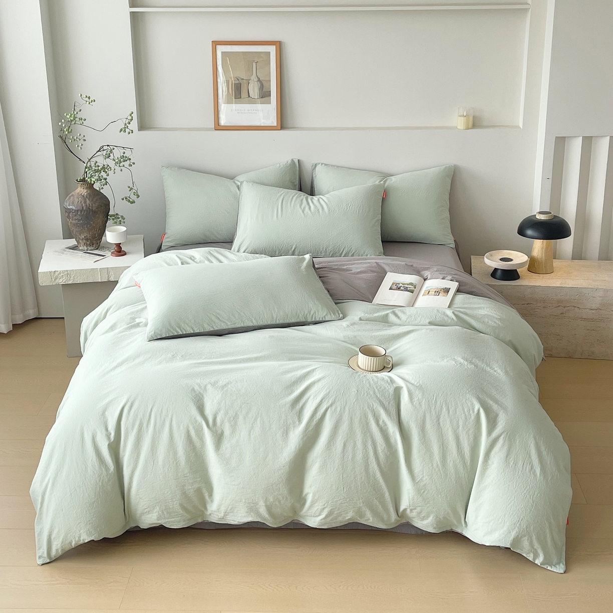 91家纺网 家纺一手货源 找家纺 春皖家纺 2026春夏新款双拼全棉纯棉水洗棉四件套 薄荷绿-浅灰