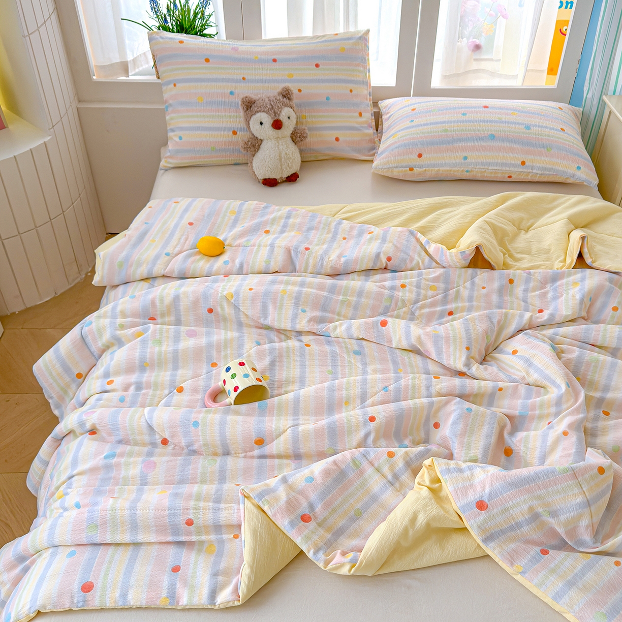 91家纺网 家纺一手货源 找家纺 弗苓家纺 2026新款A类云感有氧双层纱夏被夏凉被 小时光