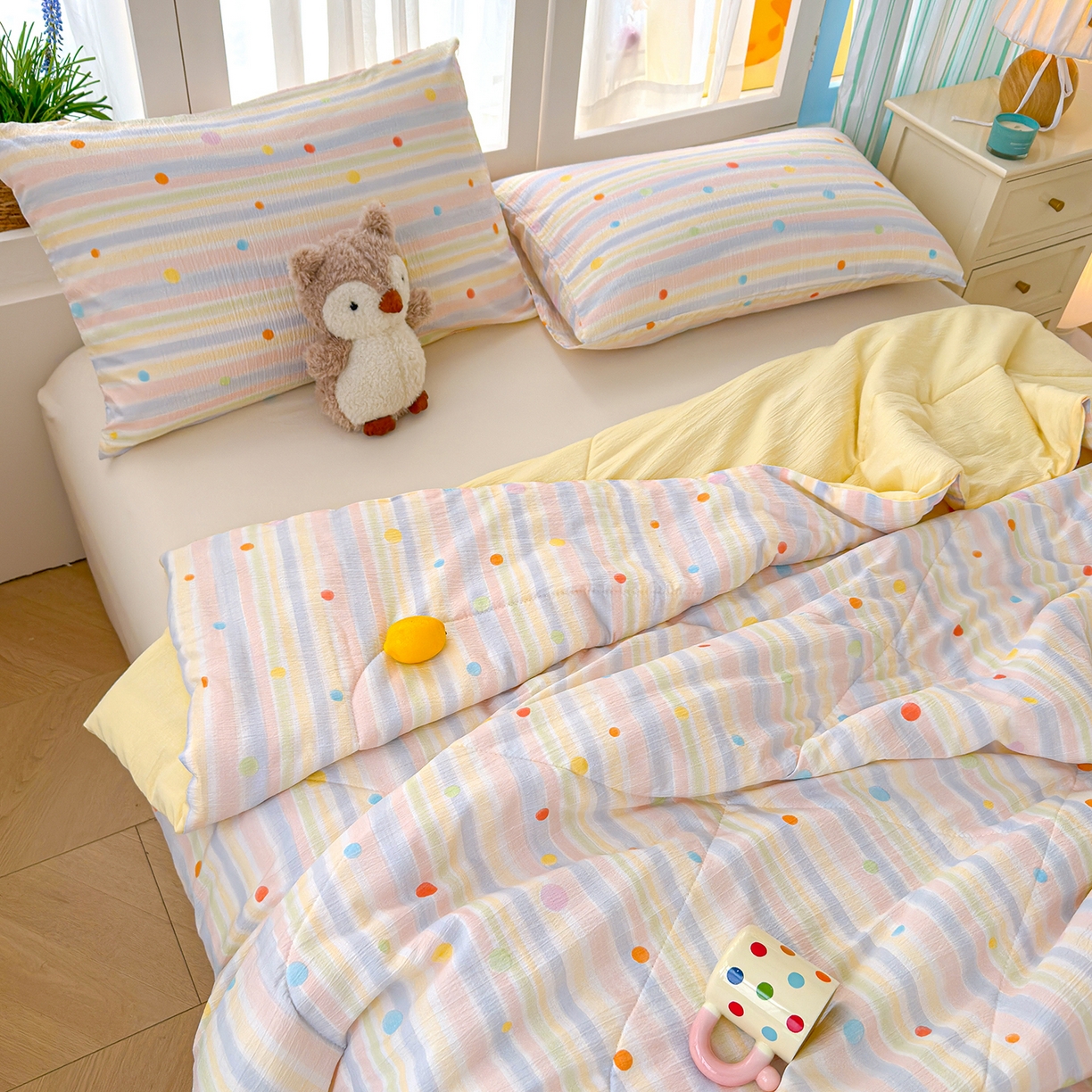 91家纺网 家纺一手货源 找家纺 弗苓家纺 2026新款A类云感有氧双层纱夏被夏凉被 小时光