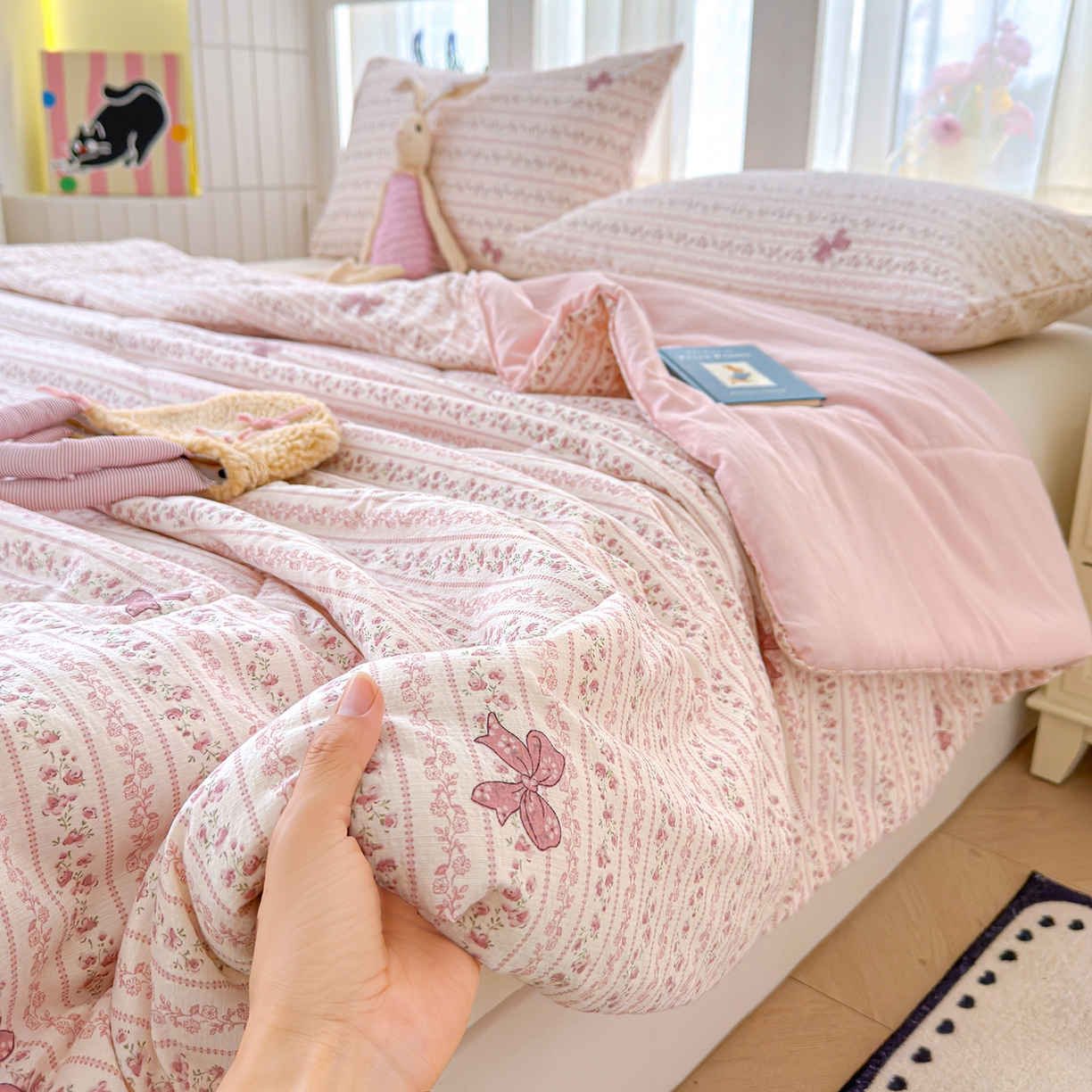 91家纺网 家纺一手货源 找家纺 弗苓家纺 2026新款A类云感有氧双层纱夏被夏凉被 晚香玉