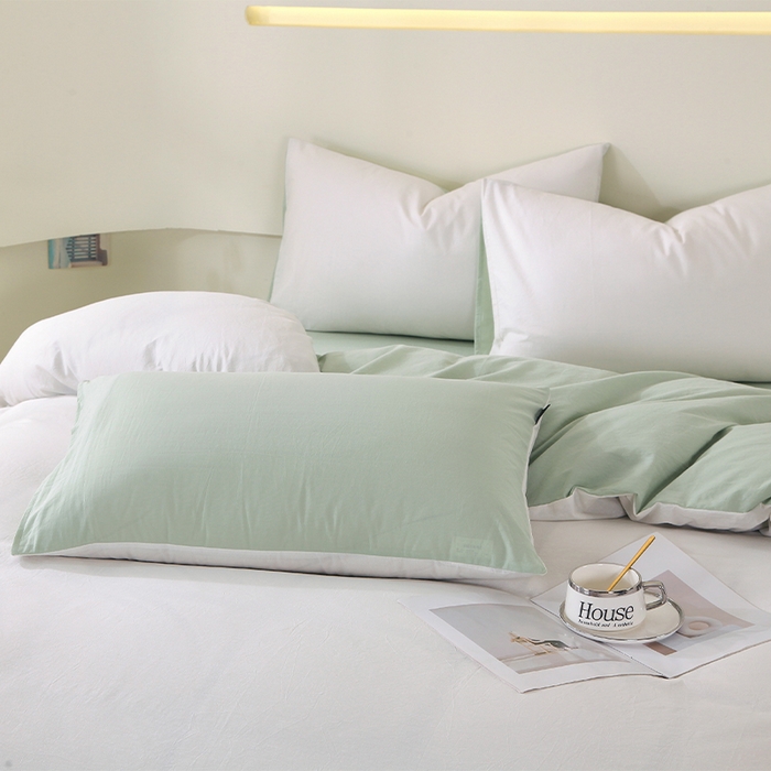 91家纺网 家纺一手货源 找家纺 春皖家纺 2026春夏新款双拼全棉纯棉水洗棉四件套 薄荷绿珍珠白