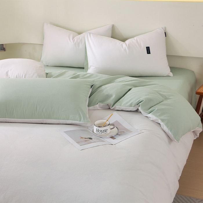 91家纺网 家纺一手货源 找家纺 春皖家纺 2026春夏新款双拼全棉纯棉水洗棉四件套 薄荷绿珍珠白