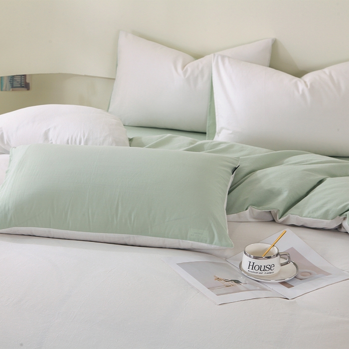 91家纺网 家纺一手货源 找家纺 春皖家纺 2026春夏新款双拼全棉纯棉水洗棉四件套 薄荷绿珍珠白