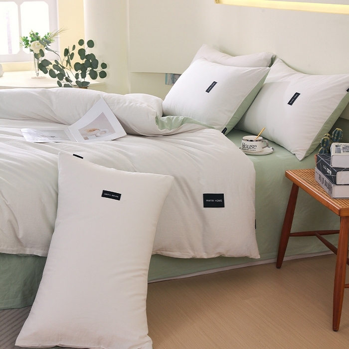 91家纺网 家纺一手货源 找家纺 春皖家纺 2026春夏新款双拼全棉纯棉水洗棉四件套 薄荷绿珍珠白