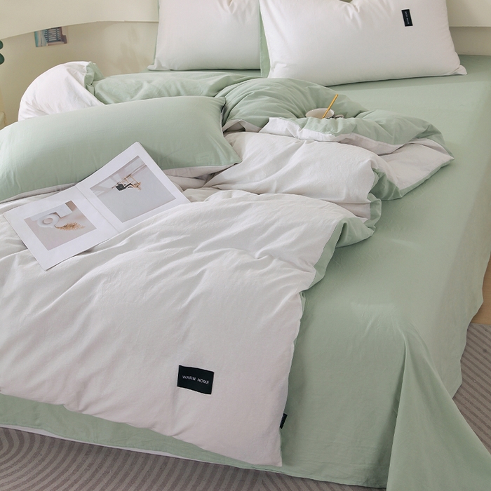 91家纺网 家纺一手货源 找家纺 春皖家纺 2026春夏新款双拼全棉纯棉水洗棉四件套 薄荷绿珍珠白