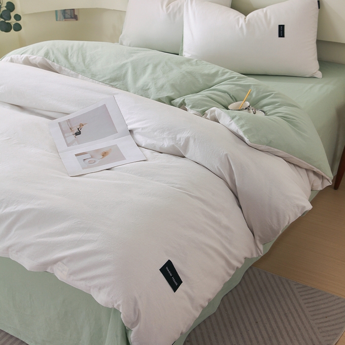 91家纺网 家纺一手货源 找家纺 春皖家纺 2026春夏新款双拼全棉纯棉水洗棉四件套 薄荷绿珍珠白