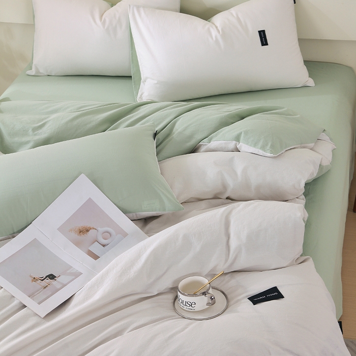 91家纺网 家纺一手货源 找家纺 春皖家纺 2026春夏新款双拼全棉纯棉水洗棉四件套 薄荷绿珍珠白