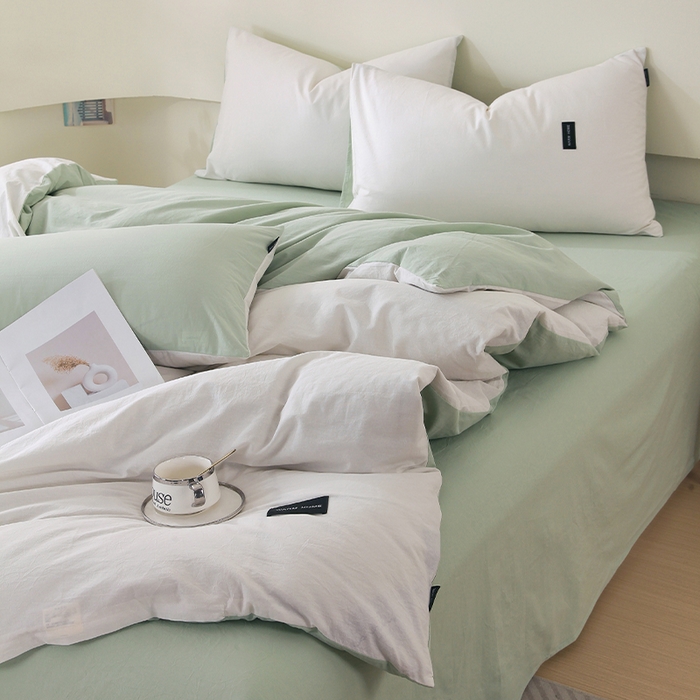 91家纺网 家纺一手货源 找家纺 春皖家纺 2026春夏新款双拼全棉纯棉水洗棉四件套 薄荷绿珍珠白