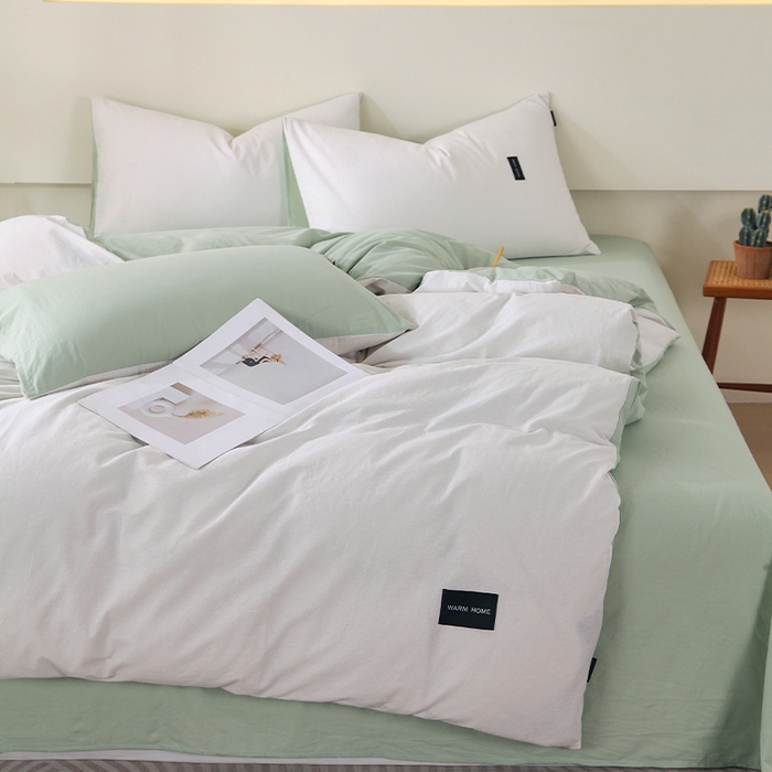 91家纺网 家纺一手货源 找家纺 春皖家纺 2026春夏新款双拼全棉纯棉水洗棉四件套 薄荷绿珍珠白