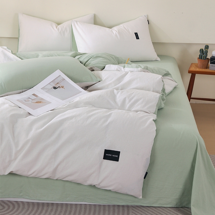 91家纺网 家纺一手货源 找家纺 春皖家纺 2026春夏新款双拼全棉纯棉水洗棉四件套 薄荷绿珍珠白