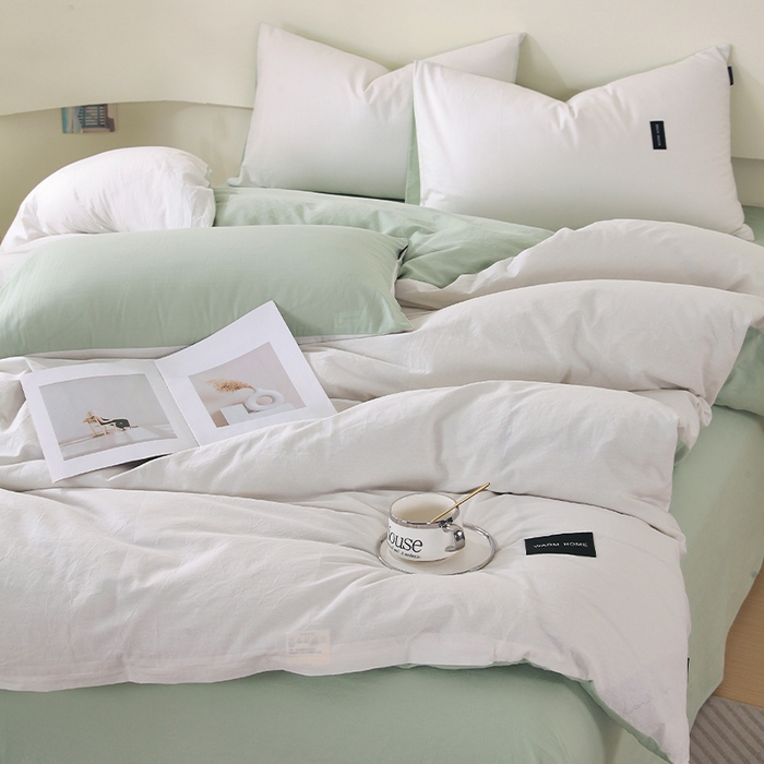 91家纺网 家纺一手货源 找家纺 春皖家纺 2026春夏新款双拼全棉纯棉水洗棉四件套 薄荷绿珍珠白