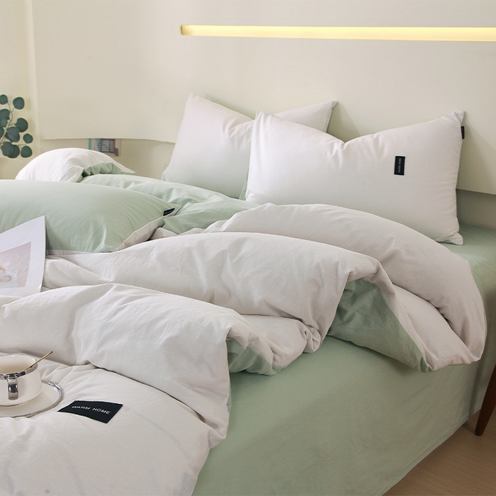 91家纺网 家纺一手货源 找家纺 春皖家纺 2026春夏新款双拼全棉纯棉水洗棉四件套 薄荷绿珍珠白