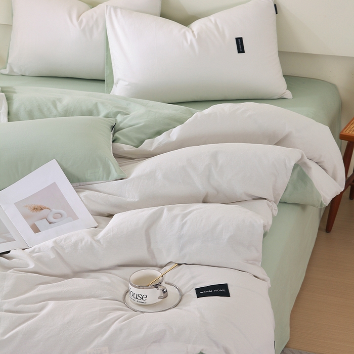 91家纺网 家纺一手货源 找家纺 春皖家纺 2026春夏新款双拼全棉纯棉水洗棉四件套 薄荷绿珍珠白