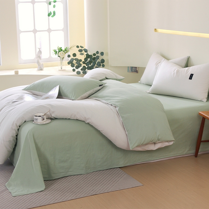 91家纺网 家纺一手货源 找家纺 春皖家纺 2026春夏新款双拼全棉纯棉水洗棉四件套 薄荷绿珍珠白