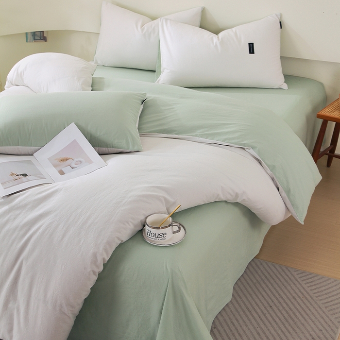 91家纺网 家纺一手货源 找家纺 春皖家纺 2026春夏新款双拼全棉纯棉水洗棉四件套 薄荷绿珍珠白