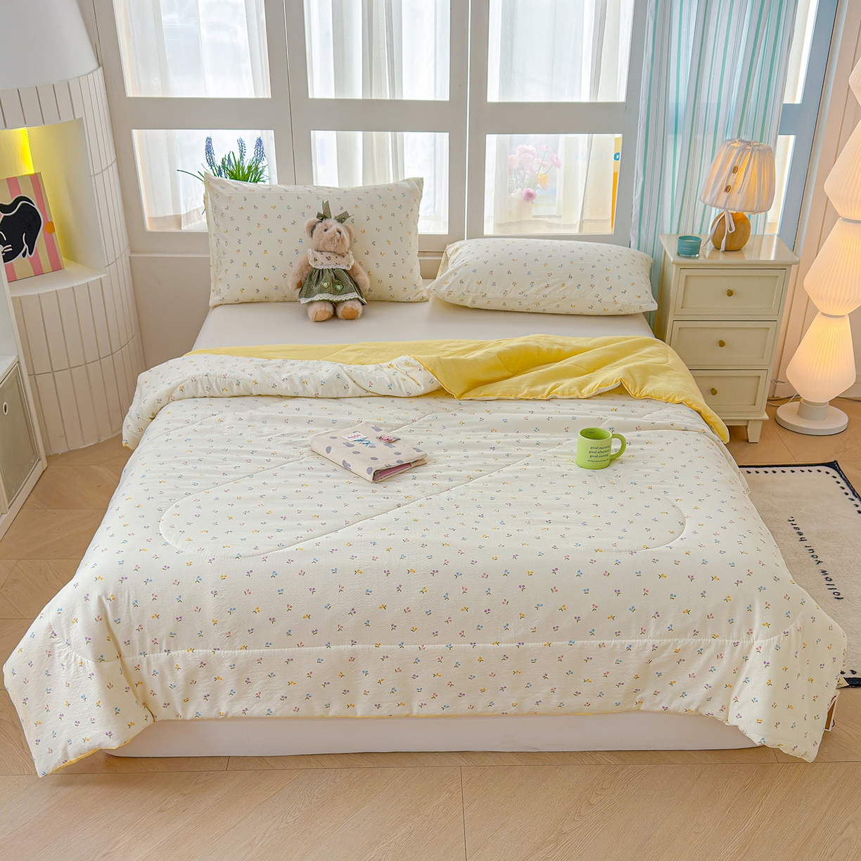 91家纺网 家纺一手货源 找家纺 弗苓家纺 2026新款A类云感有氧双层纱夏被夏凉被 小花野