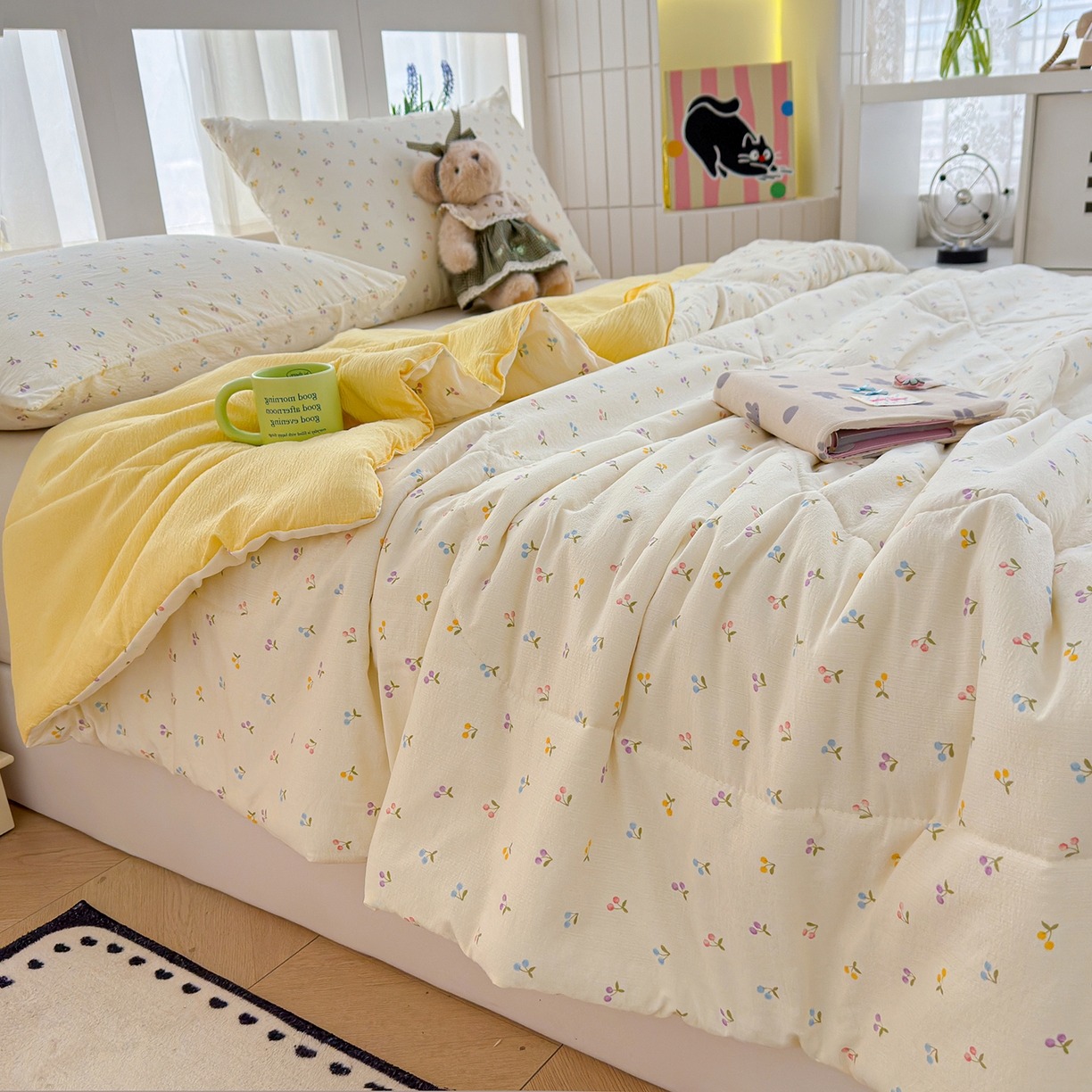 91家纺网 家纺一手货源 找家纺 弗苓家纺 2026新款A类云感有氧双层纱夏被夏凉被 小花野