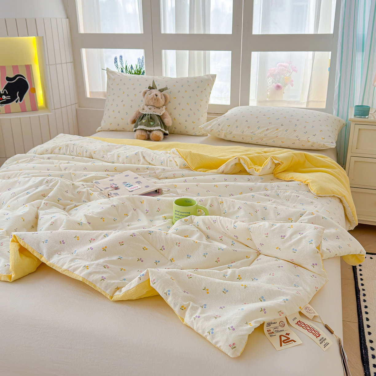 91家纺网 家纺一手货源 找家纺 弗苓家纺 2026新款A类云感有氧双层纱夏被夏凉被 小花野