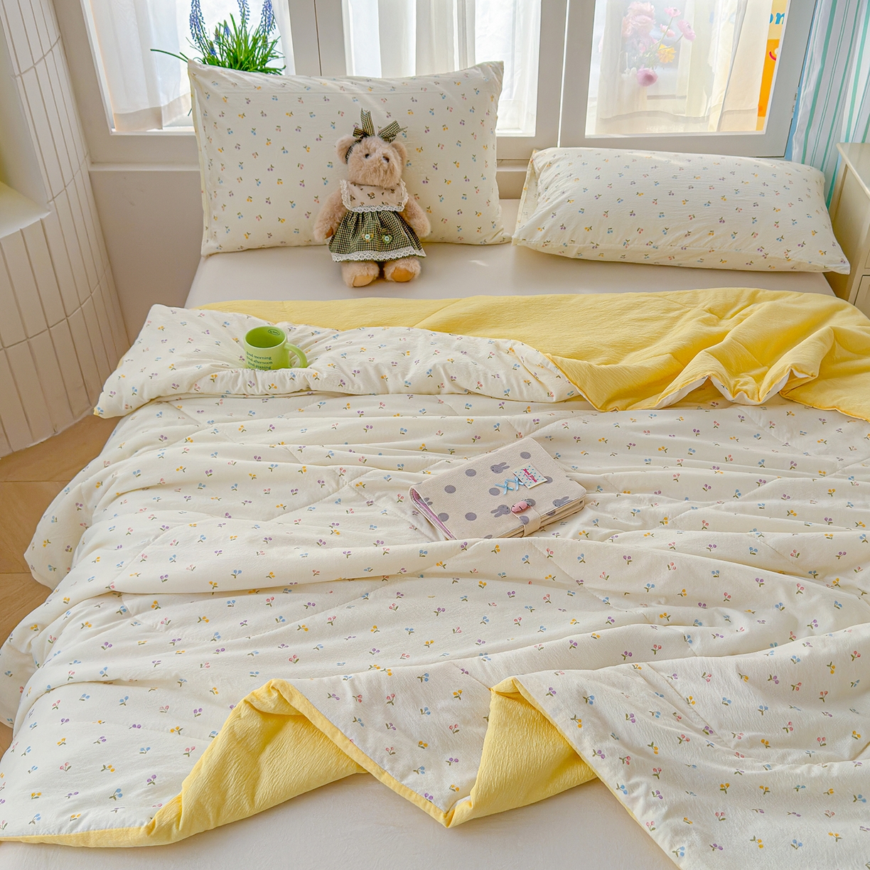 91家纺网 家纺一手货源 找家纺 弗苓家纺 2026新款A类云感有氧双层纱夏被夏凉被 小花野