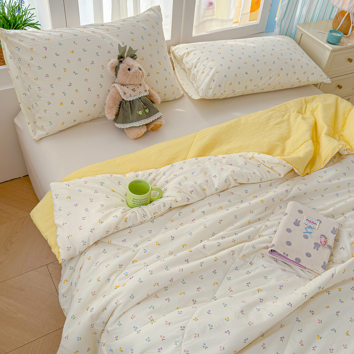 91家纺网 家纺一手货源 找家纺 弗苓家纺 2026新款A类云感有氧双层纱夏被夏凉被 小花野