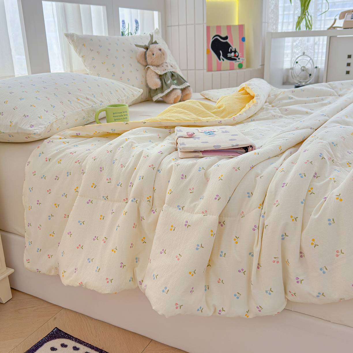 91家纺网 家纺一手货源 找家纺 弗苓家纺 2026新款A类云感有氧双层纱夏被夏凉被 小花野