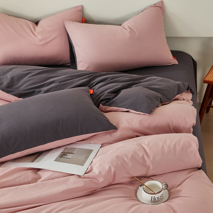 91家纺网 家纺一手货源 找家纺 春皖家纺 2026春夏新款双拼全棉纯棉水洗棉四件套 豆沙墨灰