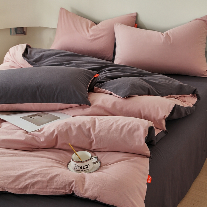 91家纺网 家纺一手货源 找家纺 春皖家纺 2026春夏新款双拼全棉纯棉水洗棉四件套 豆沙墨灰