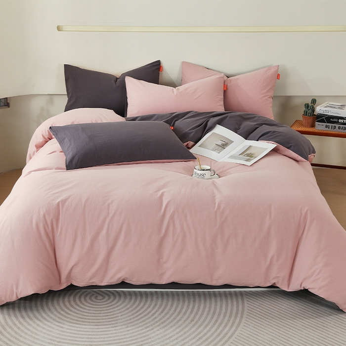 91家纺网 家纺一手货源 找家纺 春皖家纺 2026春夏新款双拼全棉纯棉水洗棉四件套 豆沙墨灰