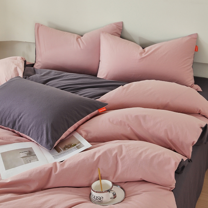 91家纺网 家纺一手货源 找家纺 春皖家纺 2026春夏新款双拼全棉纯棉水洗棉四件套 豆沙墨灰