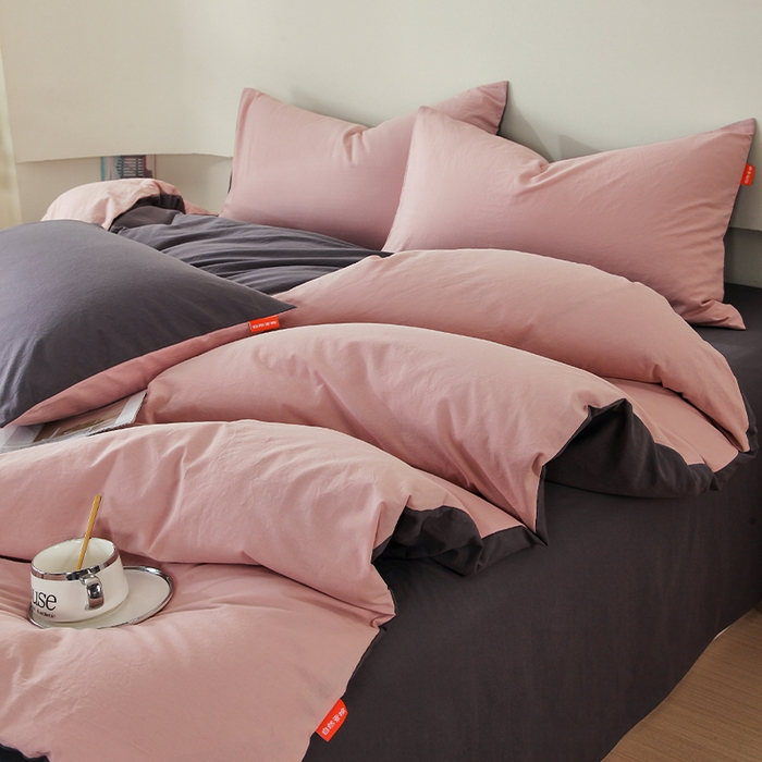 91家纺网 家纺一手货源 找家纺 春皖家纺 2026春夏新款双拼全棉纯棉水洗棉四件套 豆沙墨灰