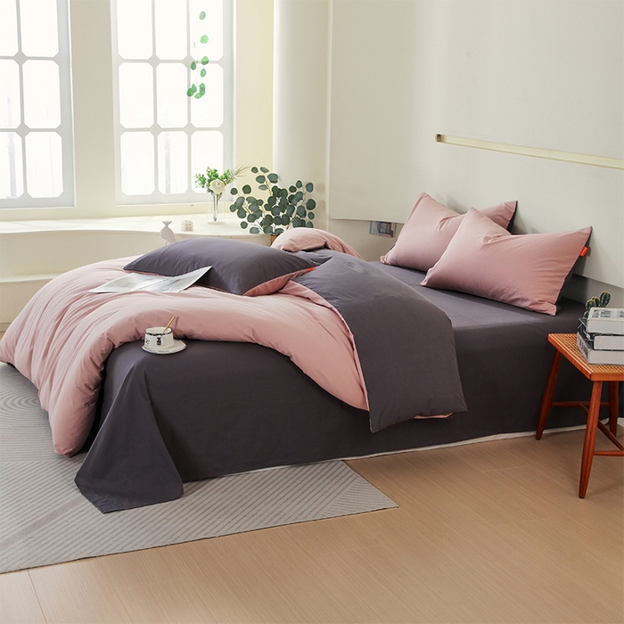 91家纺网 家纺一手货源 找家纺 春皖家纺 2026春夏新款双拼全棉纯棉水洗棉四件套 豆沙墨灰