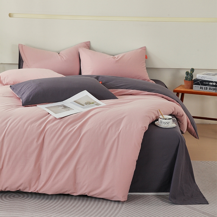 91家纺网 家纺一手货源 找家纺 春皖家纺 2026春夏新款双拼全棉纯棉水洗棉四件套 豆沙墨灰