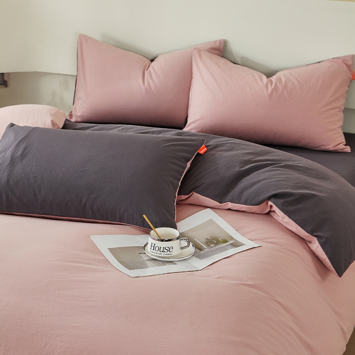 91家纺网 家纺一手货源 找家纺 春皖家纺 2026春夏新款双拼全棉纯棉水洗棉四件套 豆沙墨灰