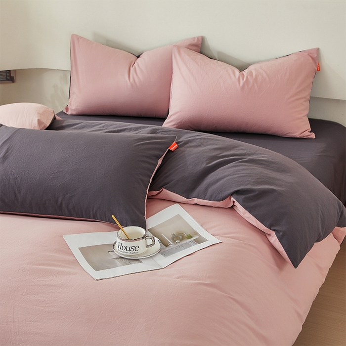 91家纺网 家纺一手货源 找家纺 春皖家纺 2026春夏新款双拼全棉纯棉水洗棉四件套 豆沙墨灰