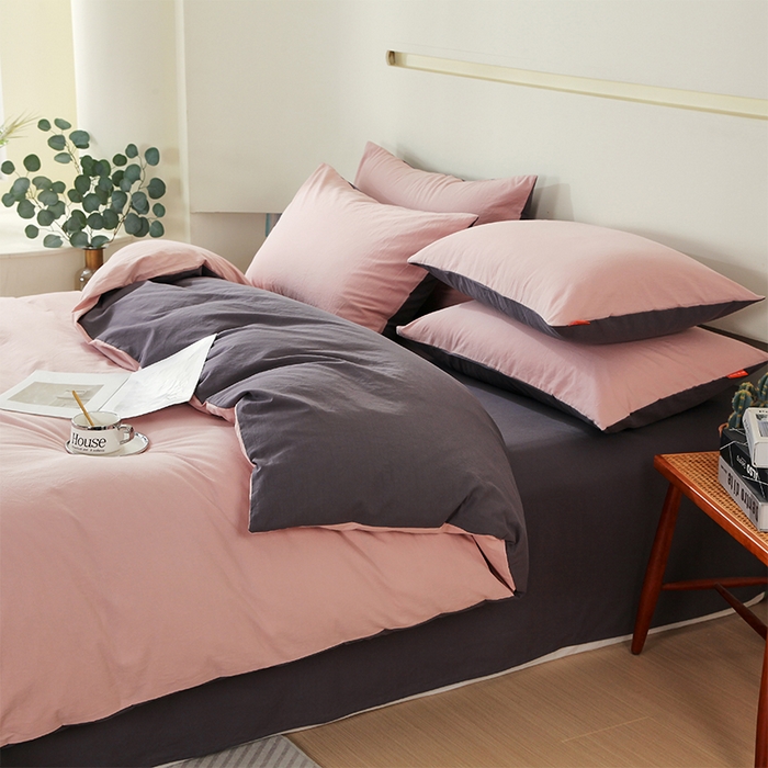 91家纺网 家纺一手货源 找家纺 春皖家纺 2026春夏新款双拼全棉纯棉水洗棉四件套 豆沙墨灰