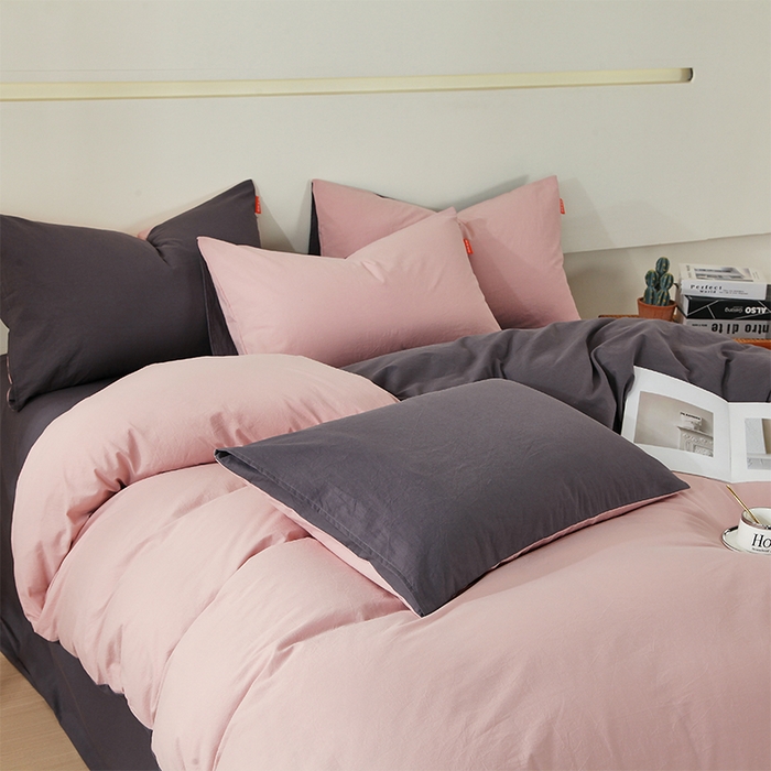 91家纺网 家纺一手货源 找家纺 春皖家纺 2026春夏新款双拼全棉纯棉水洗棉四件套 豆沙墨灰