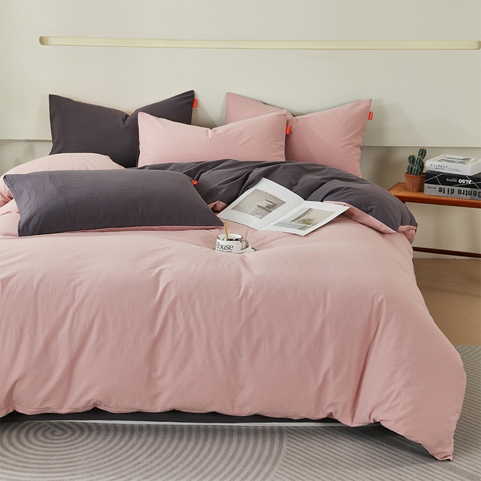 91家纺网 家纺一手货源 找家纺 春皖家纺 2026春夏新款双拼全棉纯棉水洗棉四件套 豆沙墨灰