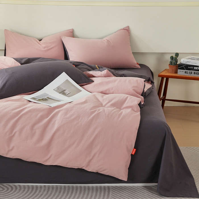 91家纺网 家纺一手货源 找家纺 春皖家纺 2026春夏新款双拼全棉纯棉水洗棉四件套 豆沙墨灰