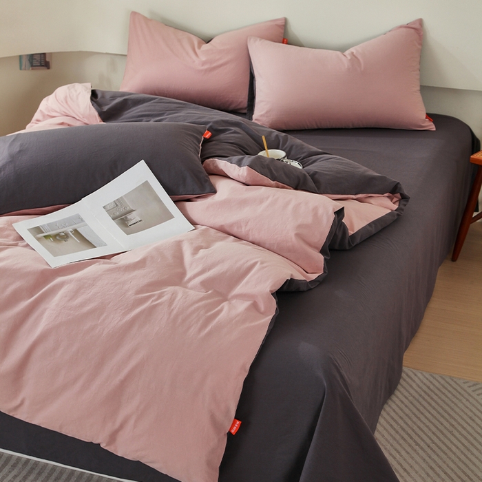 91家纺网 家纺一手货源 找家纺 春皖家纺 2026春夏新款双拼全棉纯棉水洗棉四件套 豆沙墨灰