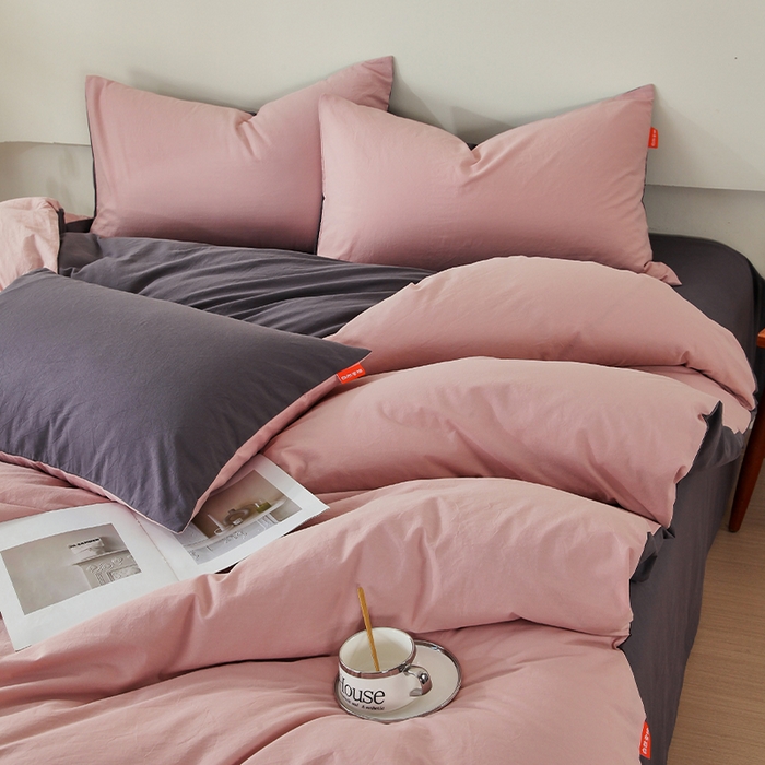 91家纺网 家纺一手货源 找家纺 春皖家纺 2026春夏新款双拼全棉纯棉水洗棉四件套 豆沙墨灰