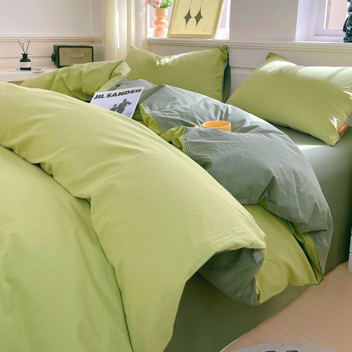 春皖家纺 2026春夏新款双拼全棉纯棉水洗棉四件套 果绿-墨绿