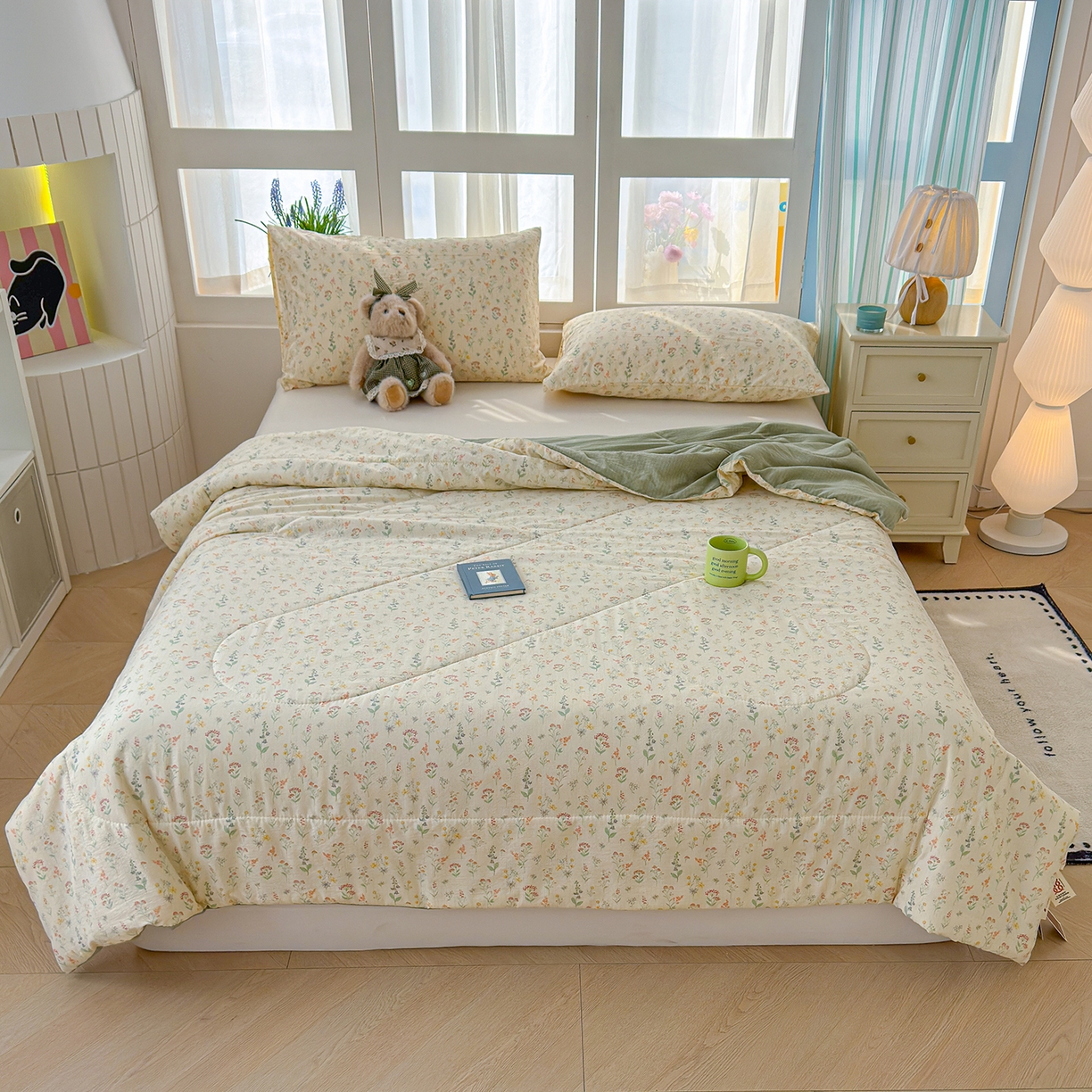 91家纺网 家纺一手货源 找家纺 弗苓家纺 2026新款A类云感有氧双层纱夏被夏凉被 春日小花