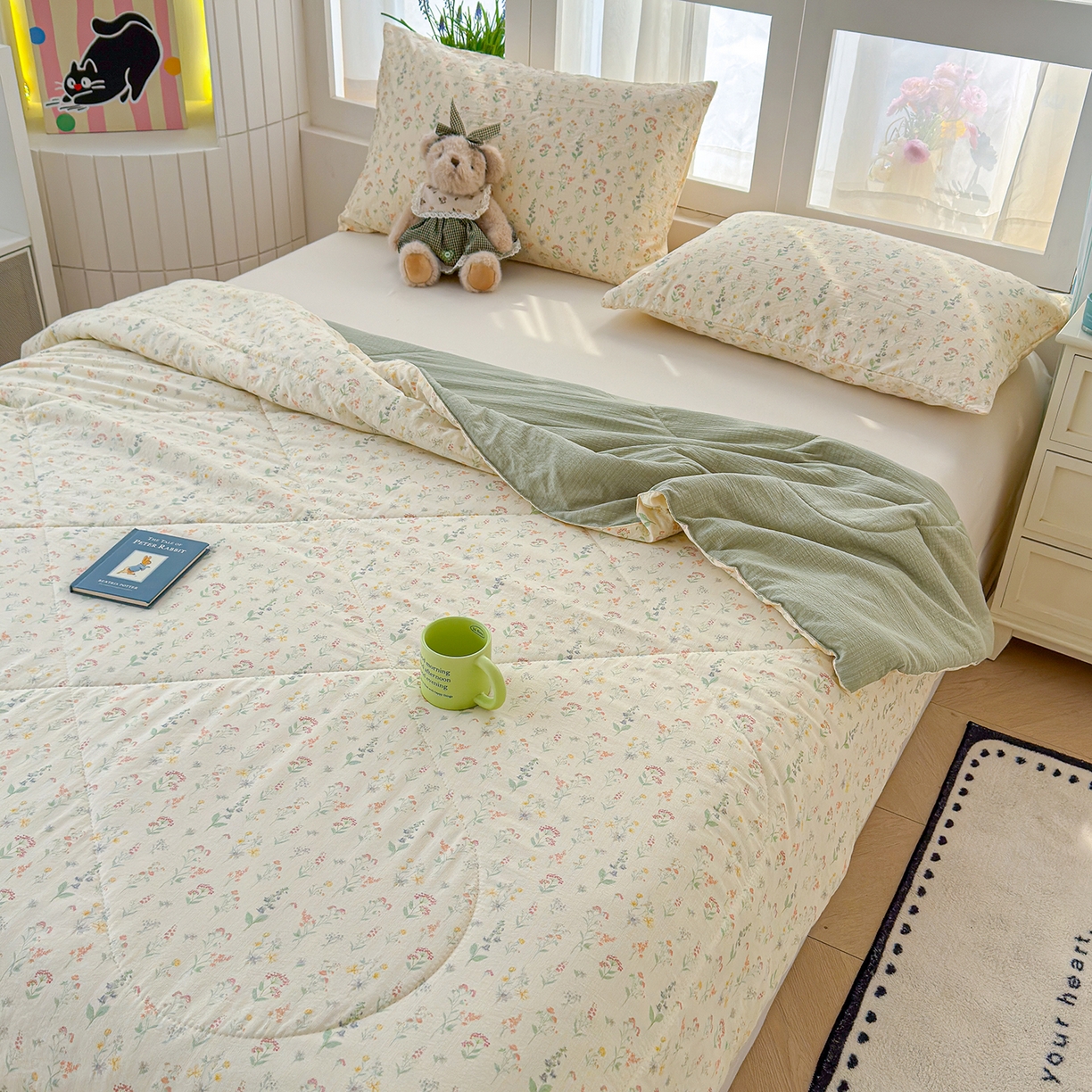 91家纺网 家纺一手货源 找家纺 弗苓家纺 2026新款A类云感有氧双层纱夏被夏凉被 春日小花