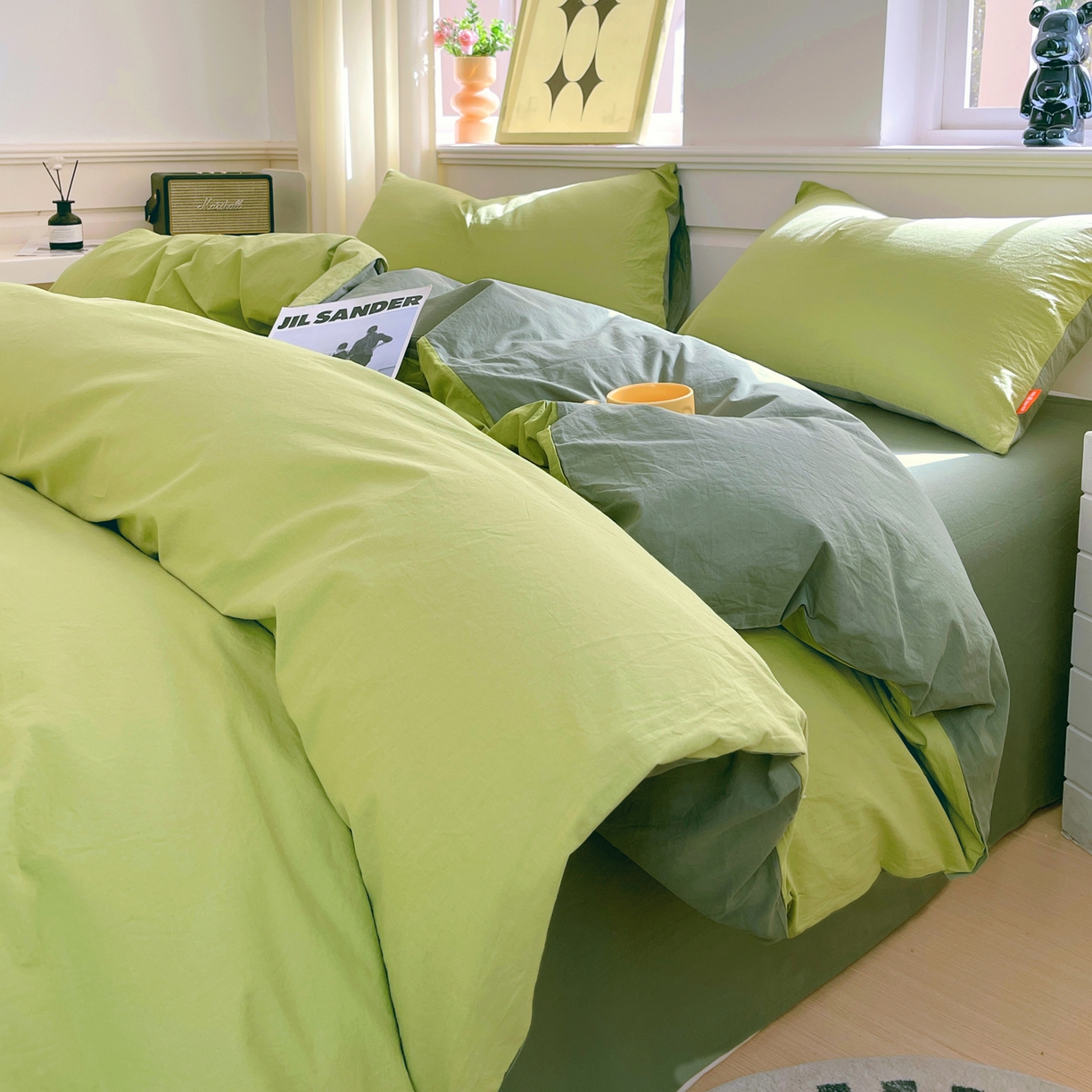 91家纺网 家纺一手货源 找家纺 春皖家纺 2026春夏新款双拼全棉纯棉水洗棉四件套 果绿-墨绿