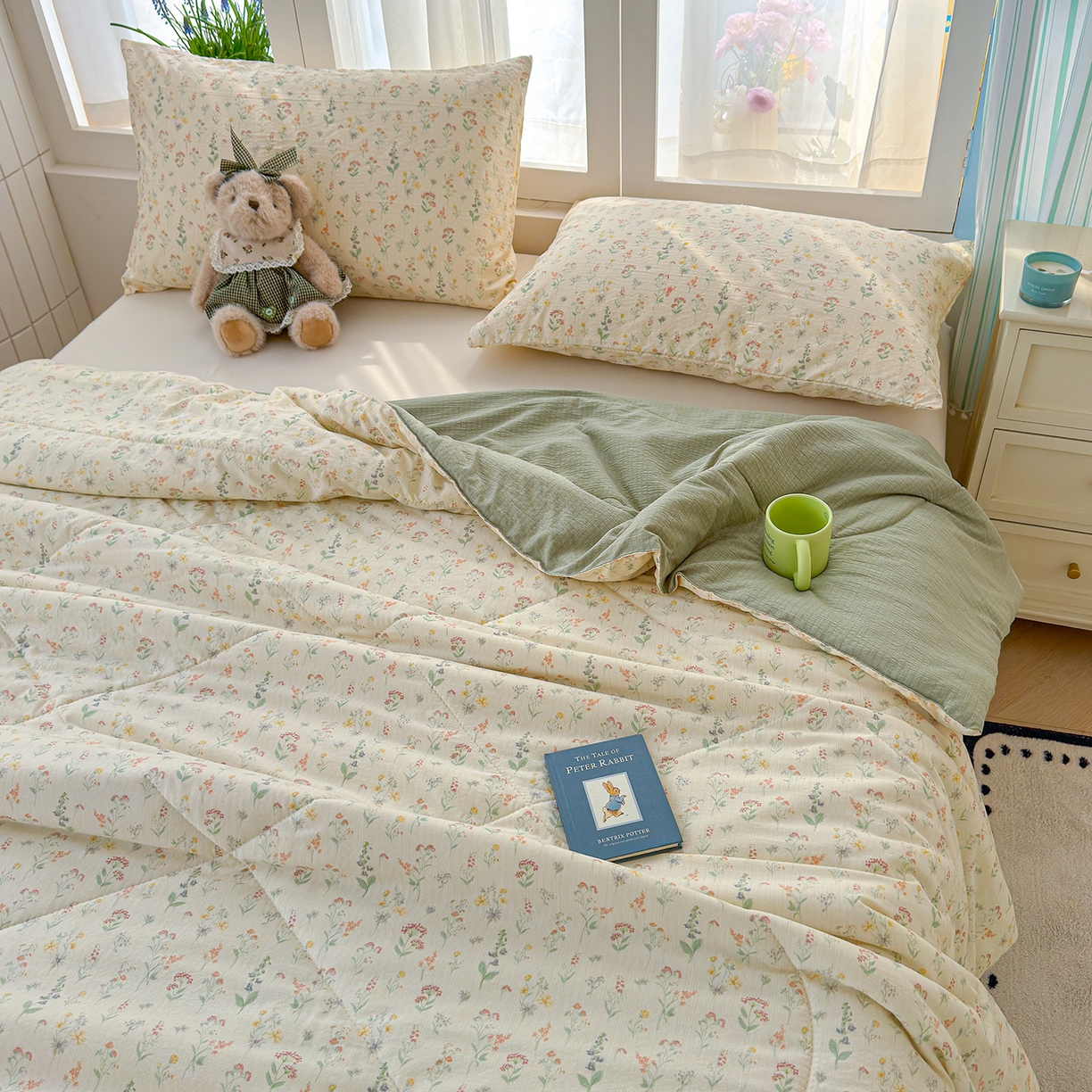 91家纺网 家纺一手货源 找家纺 弗苓家纺 2026新款A类云感有氧双层纱夏被夏凉被 春日小花